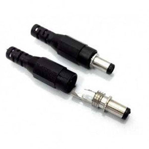 DC Power Connector Male 5.5mm External X 2.1mm Internal Dia - shown as two black plastic connectors, one assembled and one with the metal plug exposed.