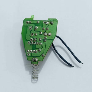 DC To DC Convertor IC 34063A - a green circuit board with a metal spring contact, two black wires, and a small LED component.