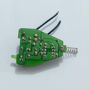 DC To DC Convertor IC 34063A - a green printed circuit board with a metal spring, a small LED, and two black wires soldered to the top.
