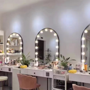 DC12V Series Hollywood Mirror Inductive Switches Dimmable LED Bulb In One Or Three Colors - with white frames and integrated round LED bulbs.
