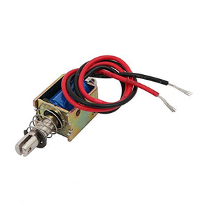 Dc6v 300mA Control Electrical 10mm 4n Force Push Pull Type Frame DC Solenoid - a metallic frame electromagnetic actuator with a spring-loaded plunger and red and black power wires.