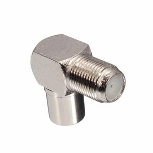 Dell 90 Degree Right Angled Tv Aerial Cable Connector RF Coaxial f Female To Tv Male Plug To Female Socket - a silver metallic right-angle coaxial adapter with a threaded male end and a female socket.