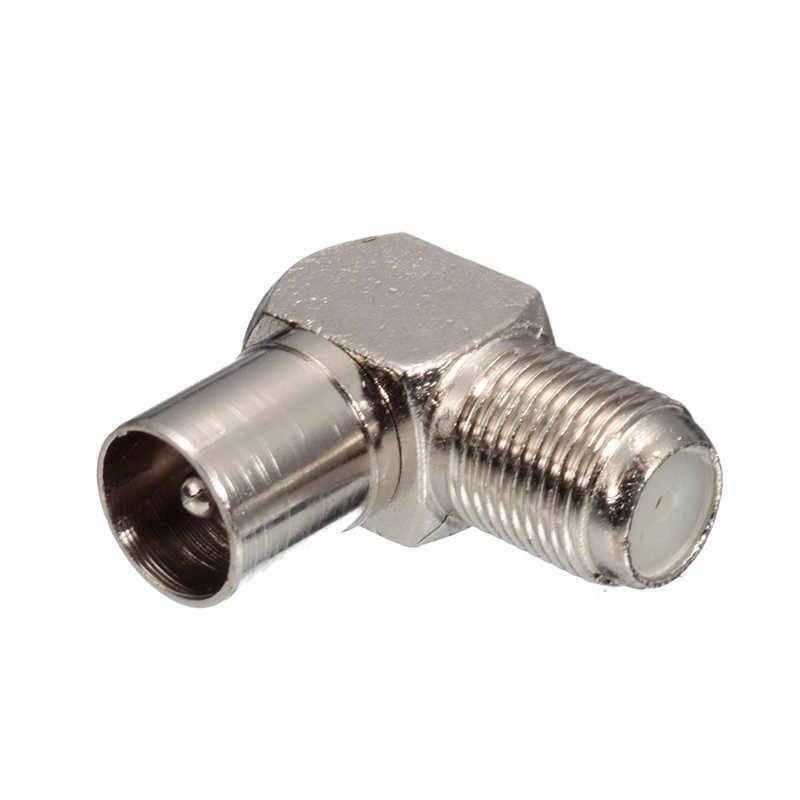 Dell 90 Degree Right Angled Tv Aerial Cable Connector RF Coaxial f Female To Tv Male Plug To Female Socket - a silver-colored metal RF coaxial adapter with a male plug on one end and a female socket.