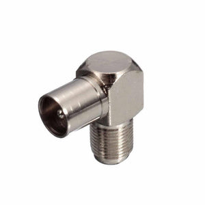Dell 90 Degree Right Angled Tv Aerial Cable Connector RF Coaxial f Female To Tv Male Plug To Female Socket - a silver-colored metal RF coaxial adapter with a male plug on one side and a female socket.