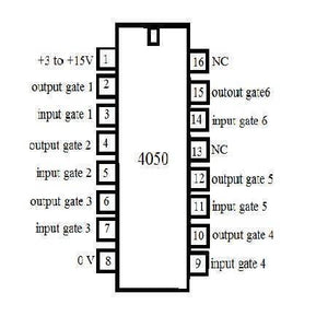 Dell CD4050BE Non Inverting Buffer IC - a black and white pinout diagram showing the 16-pin layout, input and output gate labels, and power connections.