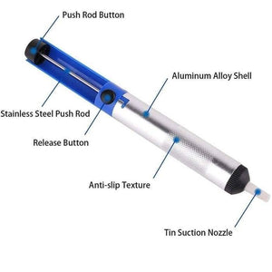 Desoldering Pump Solder Sucker - shown with labels for its blue push rod button, stainless steel rod, release button, aluminum shell, and suction nozzle.