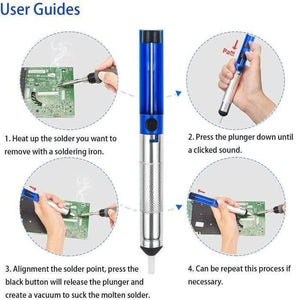Desoldering Pump Solder Sucker - shown in a four-step instructional diagram with a blue and silver cylindrical tool, a black button, and a white nozzle.