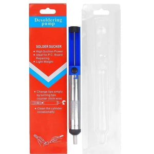 Desoldering Pump Solder Sucker - shown with its blue and silver body next to its red retail packaging box and a clear plastic sleeve.