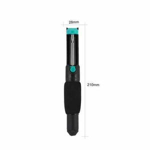 Desoldering Pump Vaccum Solder Sucker - shown in a vertical product dimension diagram with a black and teal body, a central button, and 210mm height labels.