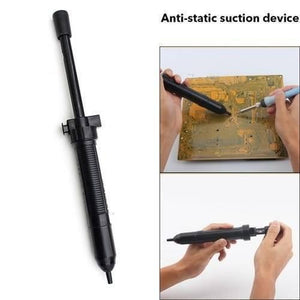 Desoldering Vaccum Pump Solder Sucker - shown as a black handheld tool, with additional images demonstrating its use on a circuit board and manual operation.