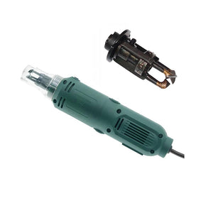 Df-8 Enameled Wire Stripping Machine, Varnished Wire Stripper, Enameled Copper-digilog.pk - a green handheld electric tool with a clear plastic tip and a separate metal stripping head accessory.