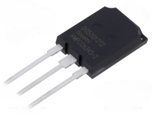 DG50Q12T2 50amp 1200V Dosemi | High-power IGBT Module | Digilog.pk - a black rectangular electronic IGBT module with three silver metal pins extending from one side, viewed from an angled perspective.