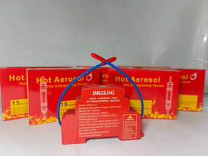 DIGILOG QRR0.01G Heat Aerosol Fire Extinguishing Device - a red unit with blue activation wires, positioned in front of several matching red product boxes.