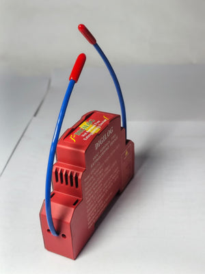 DIGILOG QRR0.01G Heat Aerosol Fire Extinguishing Device - a red, rectangular unit with a blue, arched wire handle and printed technical specifications.