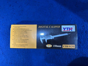 Digital Caliper 150mm - Yth VC92 Stainless Steel Vernier Caliper With LCD Display - shown as a rectangular black and yellow product box featuring an illustration of the stainless steel caliper with an LCD.