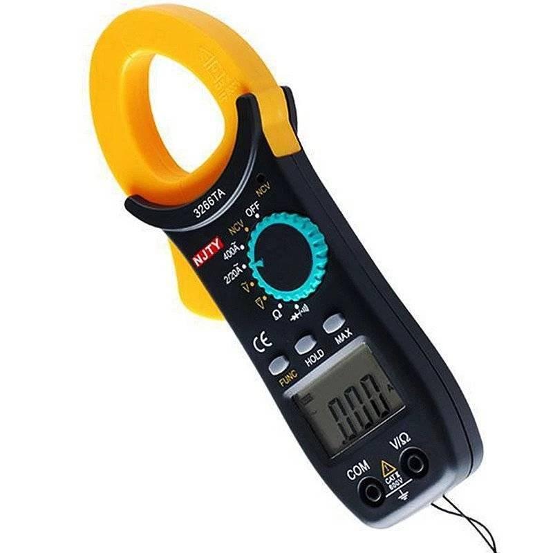 Digital Clamp Meter Njty DC/AC Volt AC Amp Diode NCV Multimeter AMMETER3266TA - in black and yellow, featuring a rotary dial, function buttons, an LCD screen showing 0.00, and two input ports.
