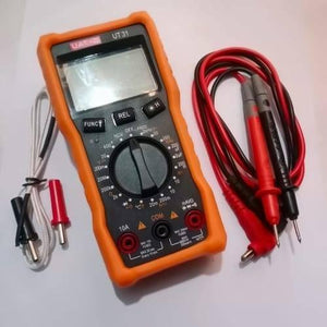 Digital Display Multimeter Ut 31 Non Contact Voltmeter Ammeter Ohm Temperature Test Meter DMM - an orange handheld device with a central rotary dial, LCD screen, buttons, ports, test leads, and a temperature probe.