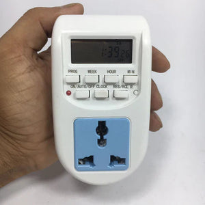 Digital Energy Saving Programmable Electronic Timer Plug - a white casing, LCD showing 1:39:26, control buttons, and a blue socket.