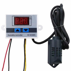 Digital Humidity Controller XH-W3005 Adjustable 220V 10A Hygrometer Switch Controller - with a white rectangular housing, a red digital display, two blue buttons, and a black wired sensor probe.