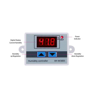 Digital Humidity Controller XH-W3005 Adjustable 220V 10A Hygrometer Switch Controller - a rectangular grey device with a red digital display, two blue arrow buttons, and a power indicator light.