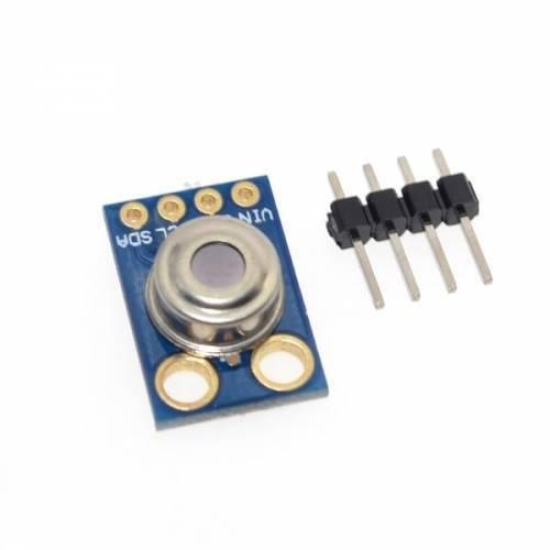 Digital Infrared Temperature Sensor Module MLX90614 - the blue circuit board with a metal sensor and a separate four-pin header connector.