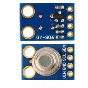 Digital Infrared Temperature Sensor Module MLX90614 - the front and back of the blue circuit board with four pin connectors and the sensor head.