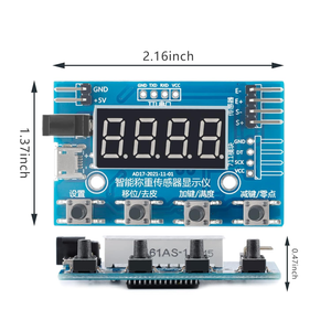 Digital Load Cell Display Module With HX711 - 4-digit LED Weight Sensor Display - the blue circuit board, a 4-digit LED display, four buttons, ports, and dimension annotations.