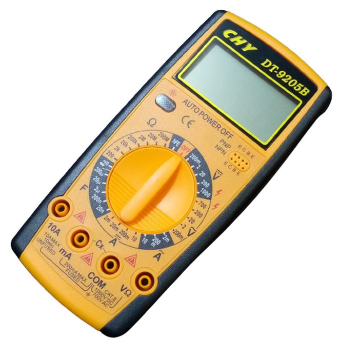 Digital Multimeter - DT-9205B - a yellow and black handheld device with a central rotary dial, an LCD screen, and four input ports at the bottom.