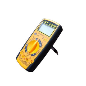 Digital Multimeter - DT-9205B - a yellow and black handheld device with a central rotary dial, a blank LCD screen, and input ports at the bottom.