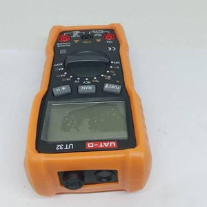 Digital Multimeter Uat-d Ut 32 - an orange handheld device with a central rotary dial, three buttons, a blank LCD screen, and three input ports at the top.