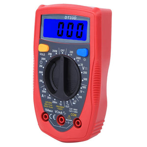 Digital Multimeter Xtmax DT33D Voltmeter Tester Ammeter - a red handheld device with a central rotary dial, blue LCD screen displaying 000, and three bottom input ports.