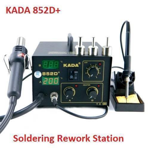 Digital Soldering And SMD Rework Station Kada 852D+ - with a black control unit, two digital displays showing 8.8.8 and 200, four control knobs, a hot air gun, and iron.