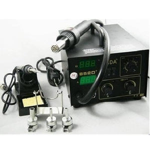 Digital Soldering And SMD Rework Station Kada 852D+ - with a black base unit, two digital displays, control knobs, a hot air gun, iron, and nozzles.