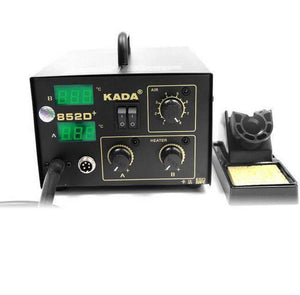Digital Soldering And SMD Rework Station Kada 852D+ - with a black metal housing, two digital displays, three control knobs, power switches, and a stand.