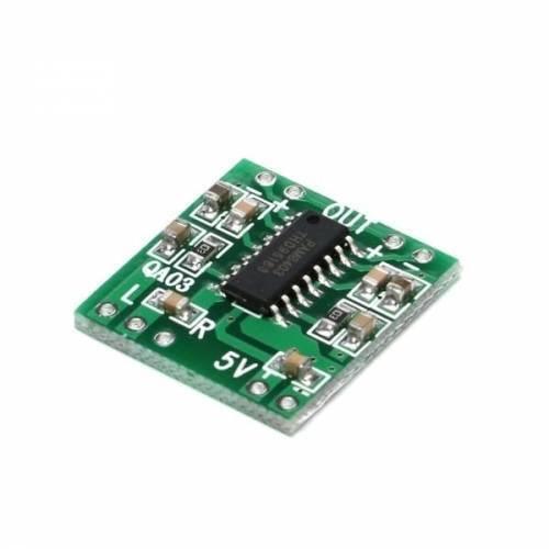 Digital Stereo Audio Amplifier Board PAM8403 Mini Two Channel 2x3w Class d Audio Power Amplification Module - a small square green circuit board with a central black chip, labeled pins for L, R, 5V, and output connections.