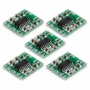 Digital Stereo Audio Amplifier Board PAM8403 Mini Two Channel 2x3w Class d Audio Power Amplification Module - shown as a set of five identical green rectangular circuit boards.