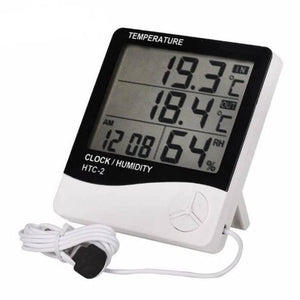Digital Thermometer And Hygrometer Htc-2 - a white and black device with a digital display showing 19.3°C, 18.4°C, 12:08, and 64% RH with a wired probe.