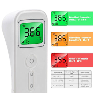 Digital Thermometer Infrared Thermometer Temperature Gun E122 - a white device with a display, buttons, and three color-coded status charts.