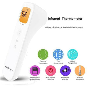 Digital Thermometer Infrared Thermometer Temperature Gun E122 - a white handheld device with a digital display showing 5.36 and icons for its features.