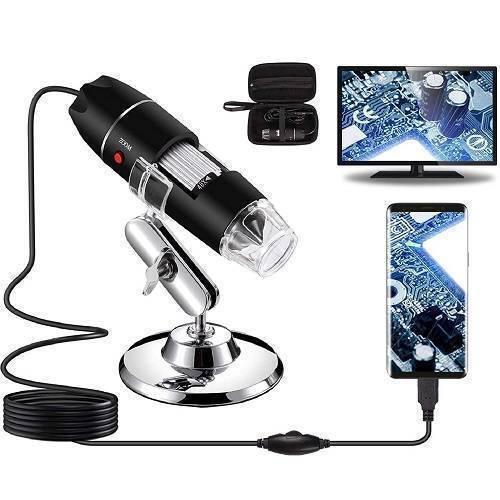 Digital USB 8 LEDS 500x Magnifier Microscope - shown with a metal stand, a black carrying case, a monitor, and a smartphone displaying circuit board images.