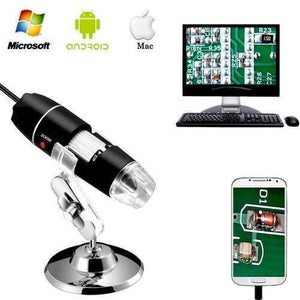 Digital USB 8 LEDS 500x Magnifier Microscope - a black handheld device on a silver stand, connected to a computer monitor and a smartphone screen.