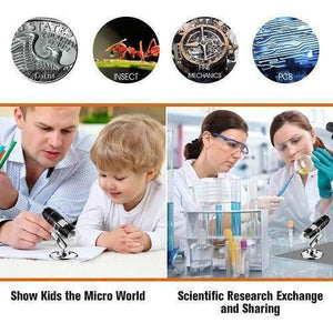Digital USB 8 LEDS 500x Magnifier Microscope - shown in use by a child with an adult and by researchers, with circular close-up examples of its magnification.