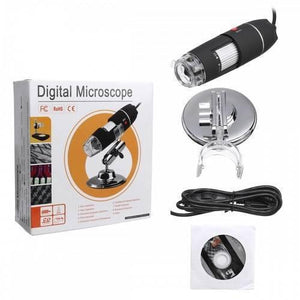 Digital USB 8 LEDS 500x Magnifier Microscope - the black cylindrical device, a silver stand, a USB cable, a software CD, and the product box.