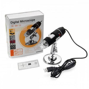 Digital USB 8 LEDS 500x Magnifier Microscope - with a black handheld camera, silver metal stand, USB cable, and its branded white product box.