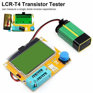 Diode Triode Capacitance ESR Meter Transistor Tester Lcr T4 - a yellow circuit board with a green screen, a blue ZIF socket, a blue button, and a connected 9V battery.