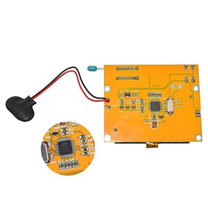 Diode Triode Capacitance ESR Meter Transistor Tester Lcr T4 - the yellow circuit board, a black sensor probe, and a circular close-up of the chip.