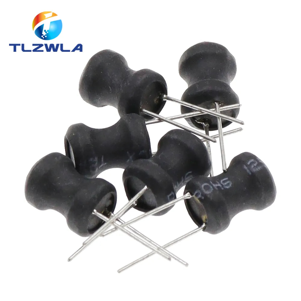 DIP Power Inductor 100UH Inductance 2 pin Fixed Radial Lead Inductor - a group of six small, black, spool-shaped radial lead inductors with two metal pins each, shown against a white background.