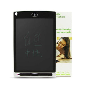 Discontenued 10 Inch LCD Tablet Thick Line Single Color Writing Board Writing Tablet For Kids - with a stylus, a trash-can icon button, and Chinese characters written on the dark screen.