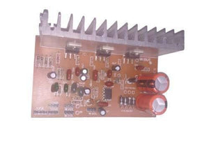 Discontinued Audio Amplifier Board - a brown circuit board with a silver heat sink, two large orange capacitors, and various electronic components.