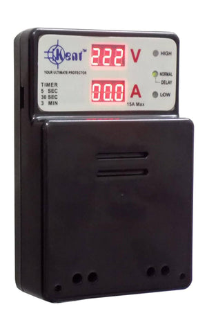 Discontinued Kent 15A Muhafiz Automatic Voltage Protector Automatic Current Protector - a black rectangular device with a digital display showing 222 V and 00.0 A and indicator lights.
